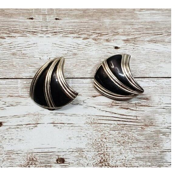 Vintage Clip On Earrings - Silver Tone & Black Retro - Picture 1 of 9